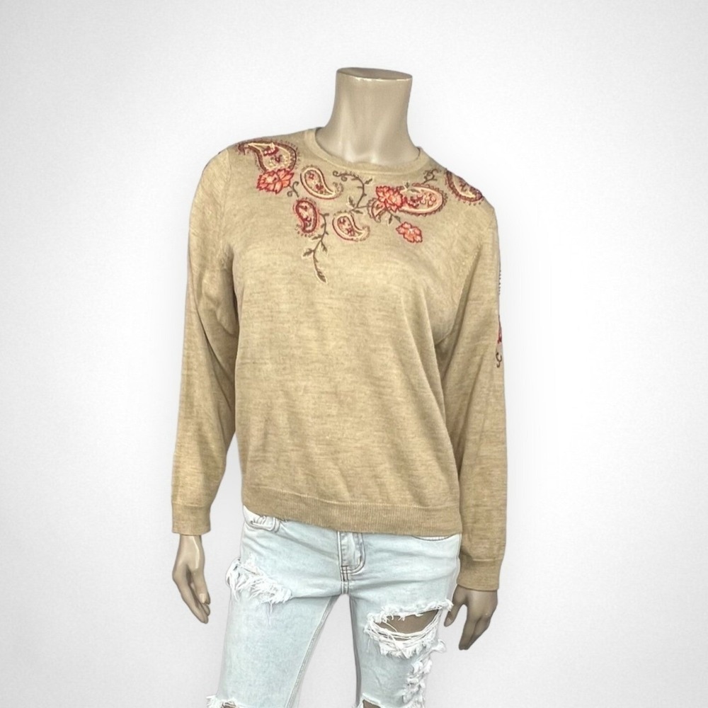 Vintage Medium ALFRED DUNNER‎ Embroidered Knit Tan Sweater Grandmacore